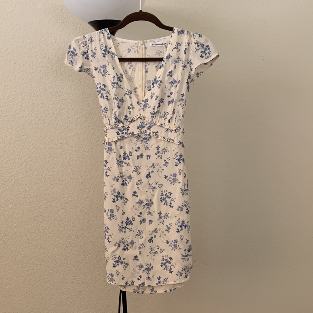Reformation Janine white and blue floral dress